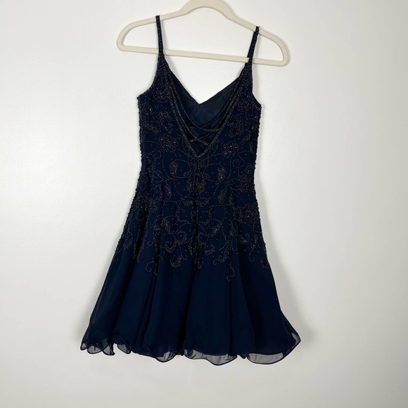 Niteline Della Roufogali Vintage Blue Silk Beaded Strappy Mini Dress Size 4 - Picture 6 of 13